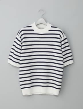 和紙ニットボーダー 半袖モックネックニット