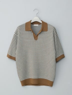 和紙ニットジオメトリック 半袖スキッパーポロ