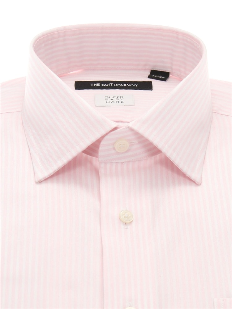 ワイシャツ／長袖／形態安定／ワイドカラー／ストライプ／BASIC／ドレスシャツ1 ピンク ワイシャツ