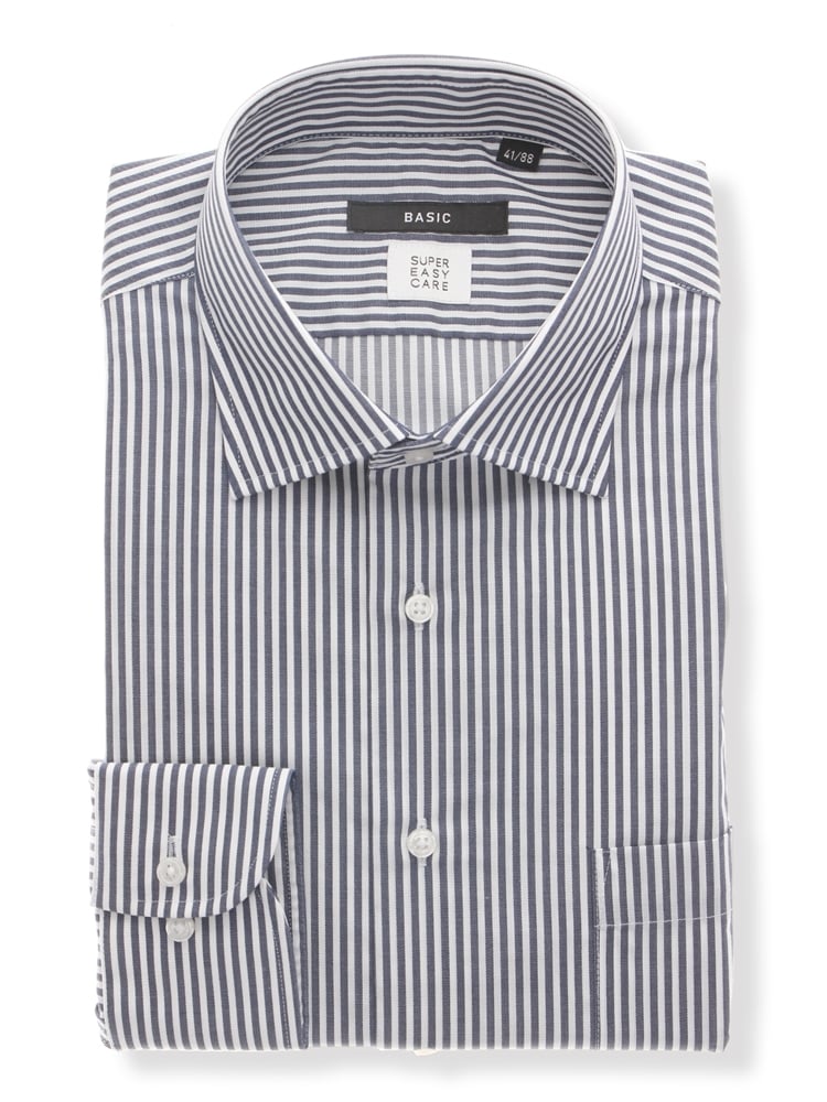 ワイシャツ／長袖／形態安定／ワイドカラー／ストライプ／BASIC／ドレスシャツ0 ワイシャツ 長袖