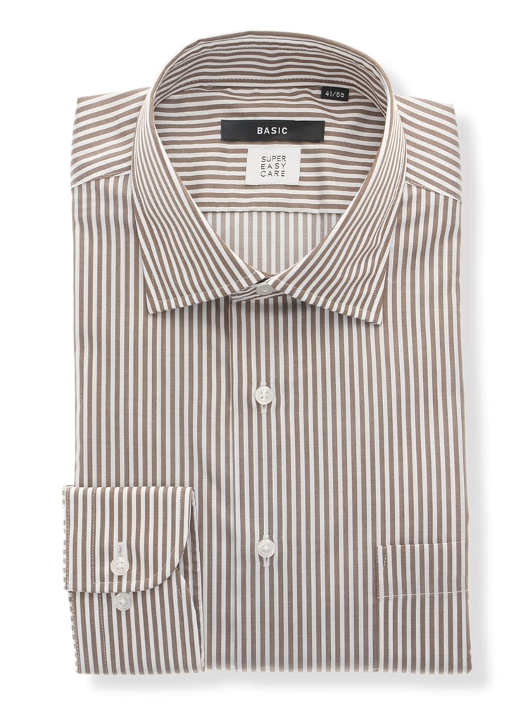 ワイシャツ／長袖／形態安定／ワイドカラー／ストライプ／BASIC／ドレスシャツ0 ワイシャツ 長袖