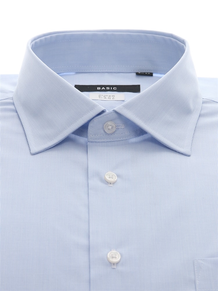 ワイシャツ／長袖／形態安定／ワイドカラー／ストライプ／BASIC／ドレスシャツ1 ストライプ ブルー