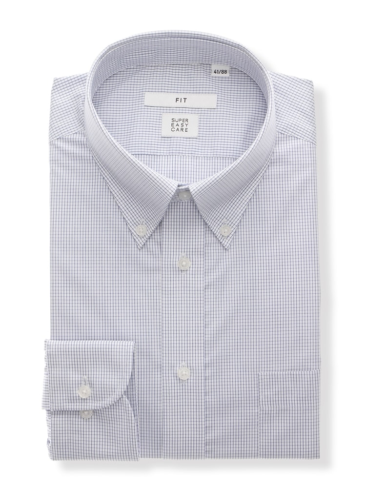 ワイシャツ／長袖／形態安定／再生繊維／ボタンダウンカラー／チェック／FIT／ドレスシャツ0 ワイシャツ 長袖