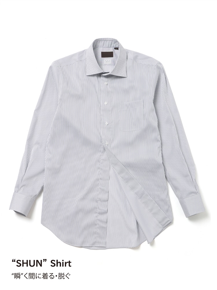 SHUNシャツ／長袖／ノンアイロンストレッチ／ワイドカラー／ストライプ／BASIC／ドレスシャツ0 ワイシャツ 長袖