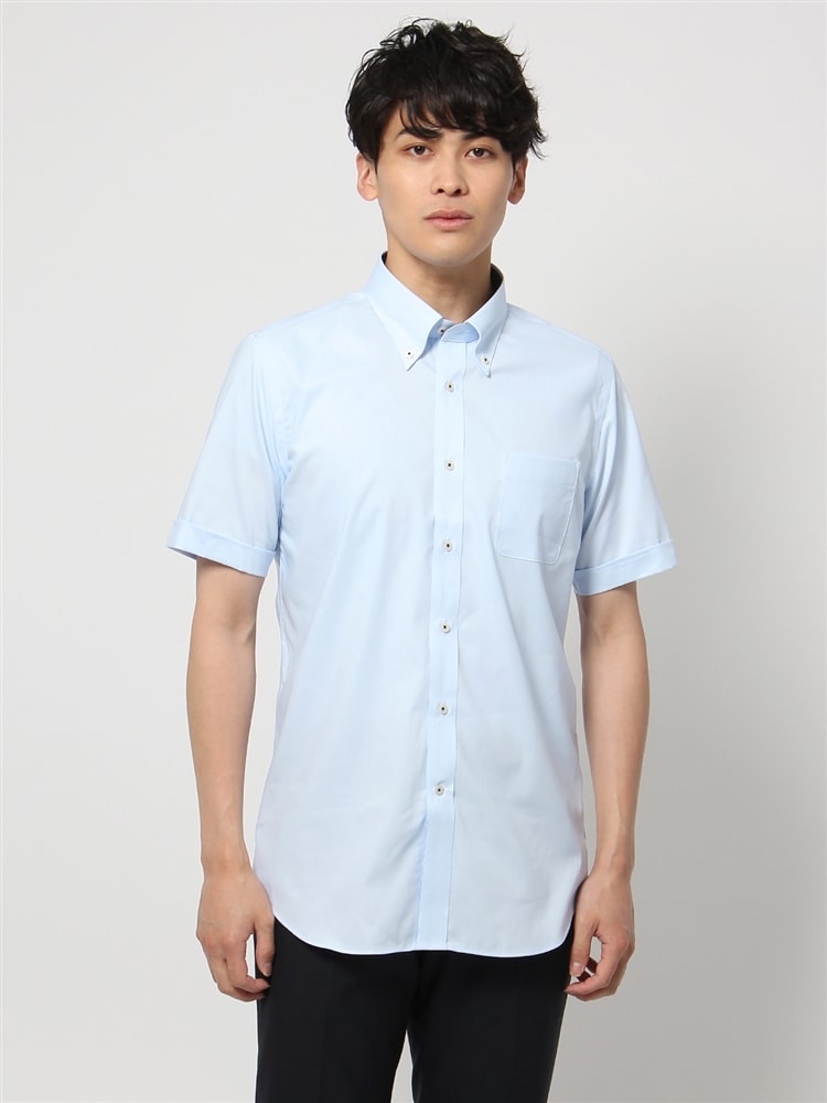 ワイシャツ／半袖／形態安定／COOL MAX／ボタンダウンカラー／織柄／FIT／ドレスシャツ3 ブルー ワイシャツ