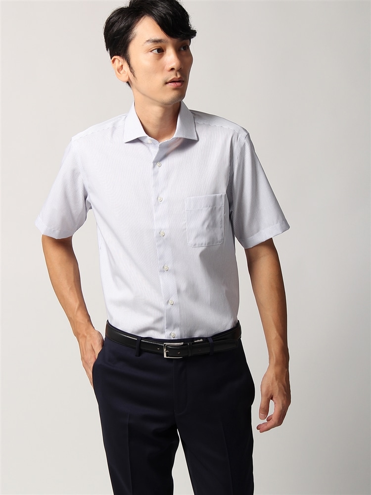 ワイシャツ／半袖／形態安定／ホリゾンタルカラー／ストライプ／BASIC／ドレスシャツ0 形態安定 ワイシャツ