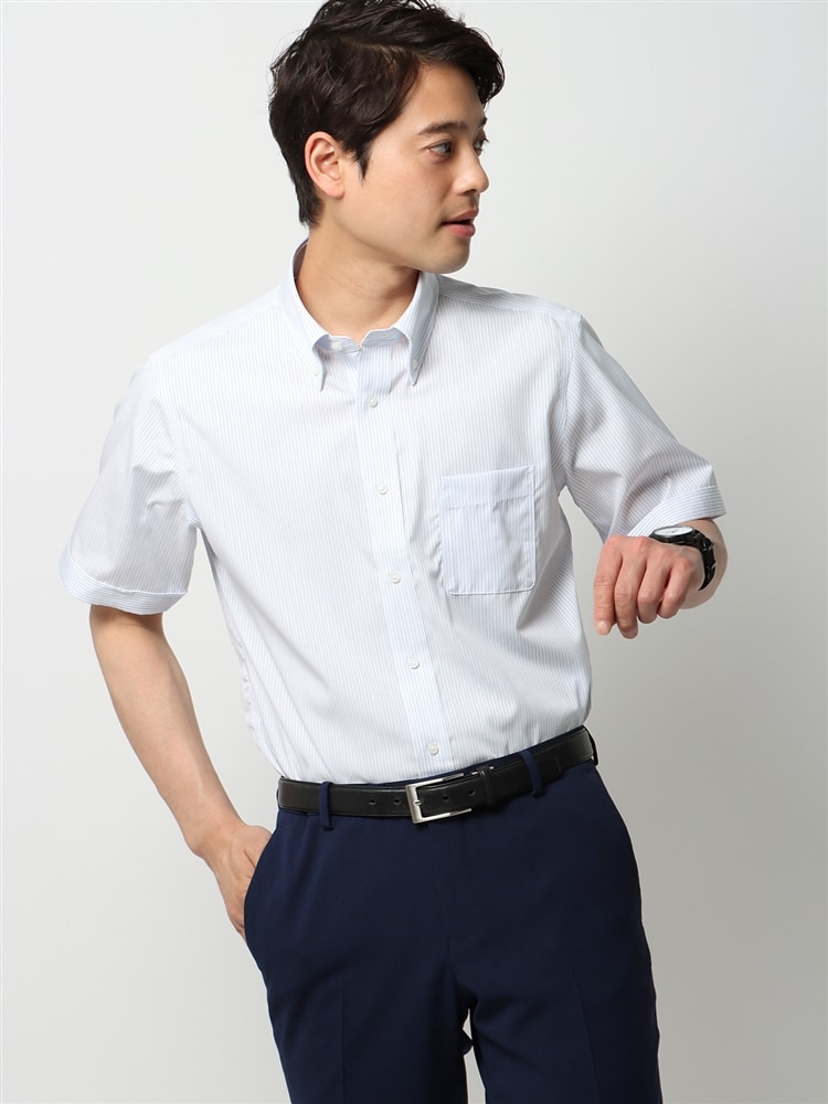 ワイシャツ／半袖／形態安定／ボタンダウンカラー／ストライプ／BASIC／ドレスシャツ0 ストライプ シャツ