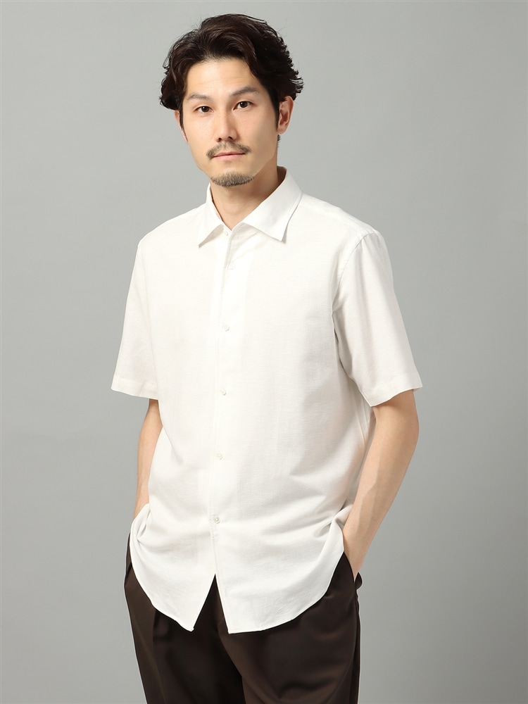 ワンピースカラーシャツ／半袖／ハンドウォッシュ／コットンリネン／ドビー織1 ホワイト シャツ