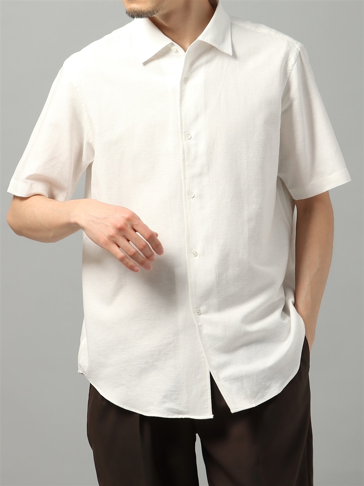 ワンピースカラーシャツ／半袖／ハンドウォッシュ／コットンリネン／ドビー織2 ホワイト トップス