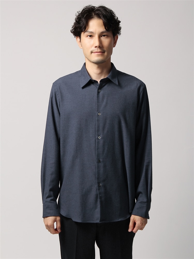 ウォッシャブル／コットンTOP レギュラーカラーフランネルシャツ1 ネイビー シャツ