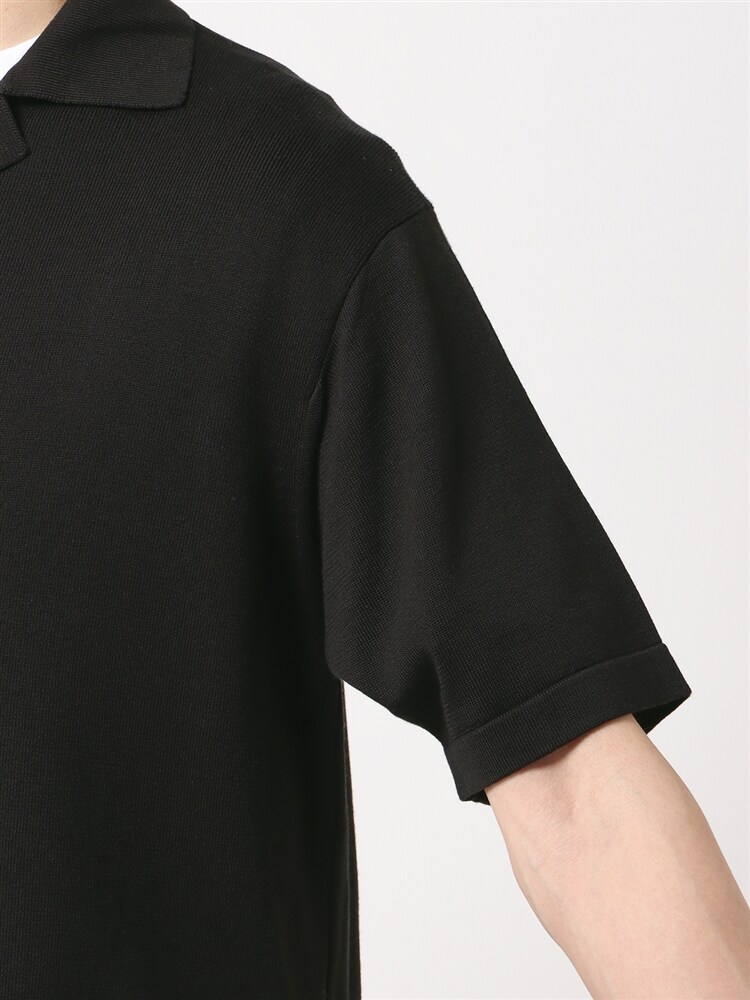 オープンカラーニットシャツ／半袖／ウォッシャブル／コットンアクリルハイゲージ天竺5 ブラック トップス