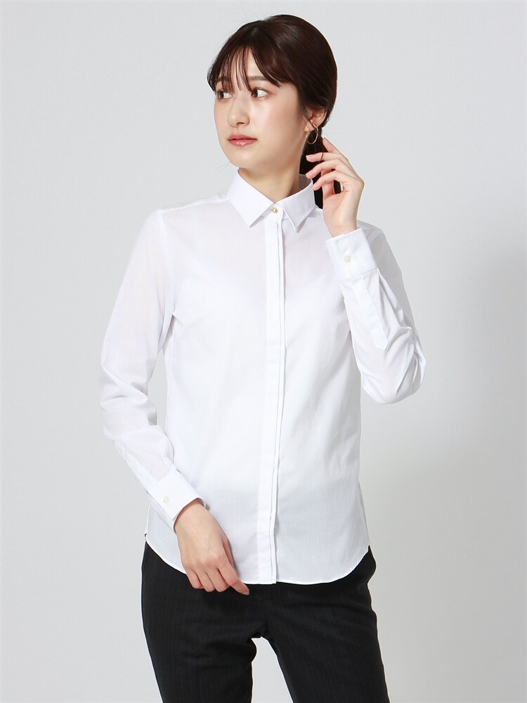 レギュラーカラーシャツ／再生繊維／Easy Care Blouse ／シャドーストライプ3 ホワイト シャツ