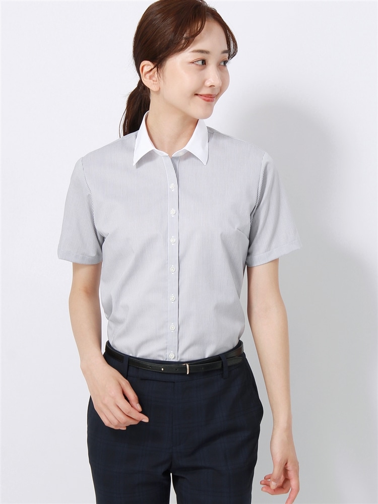 クレリック＆レギュラーカラーシャツ／半袖／NON IRON／ストライプ／Blouse0 形態安定 シャツ