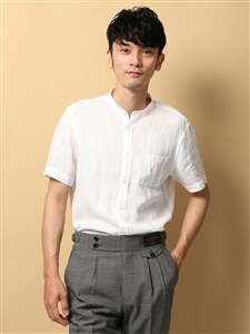 バンドカラーシャツ／半袖／ウォッシャブル／ピュアリネン ／blazer's bank.com