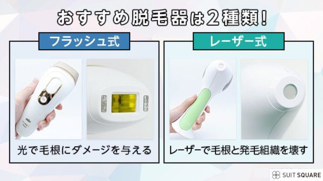 フラッシュ式とレーザー式の脱毛器を比較している様子
