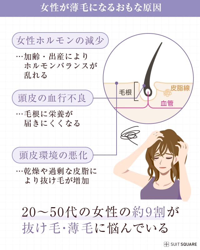女性の薄毛の原因,女性ホルモンの減少,頭皮の血行不良,頭皮環境の悪化