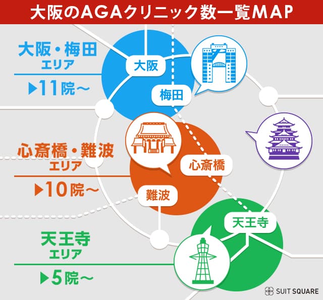 大阪・梅田・難波・心斎橋・天王寺のAGAクリニックMap